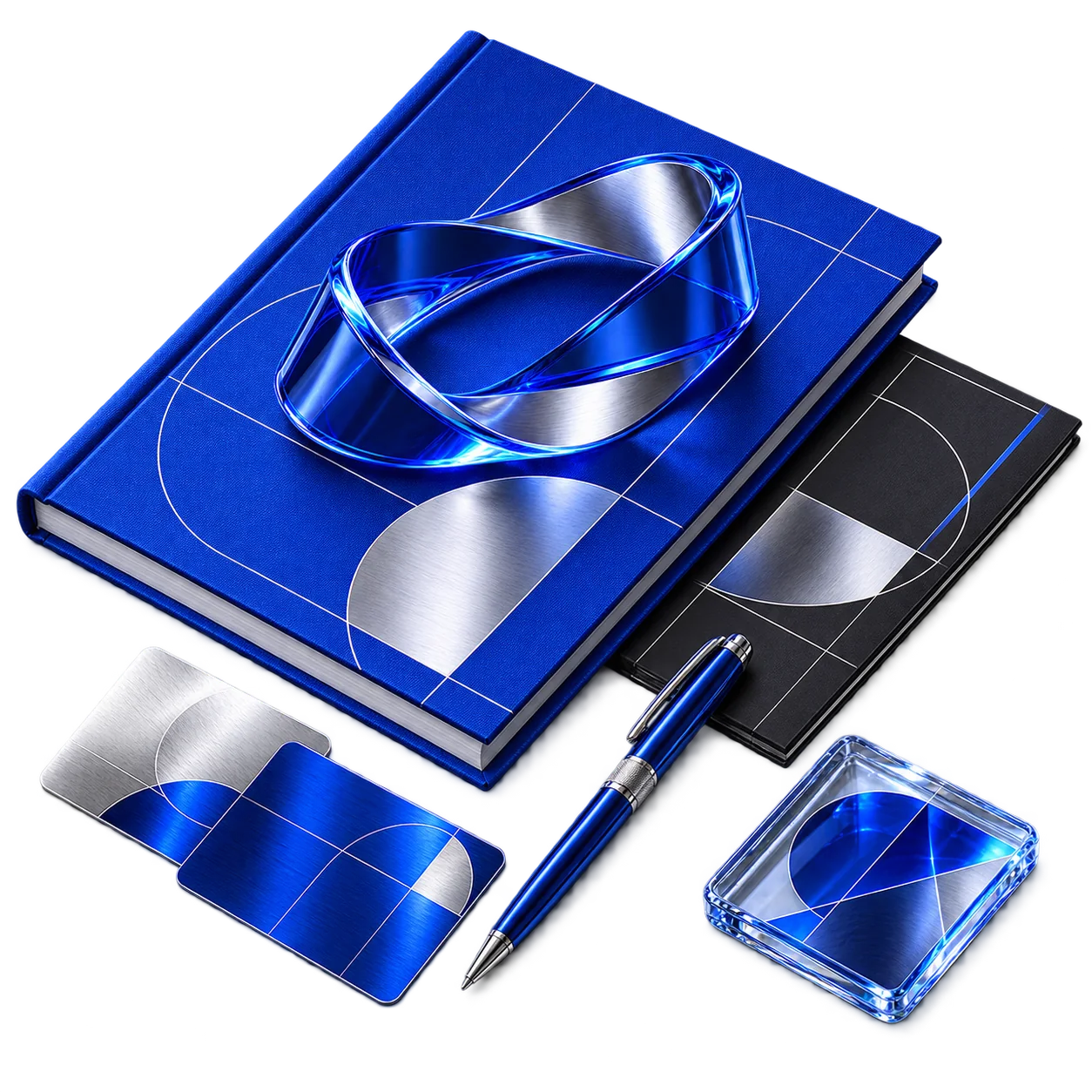 Axinem brand collateral: notebook, cards and pen in cobalt and titanium