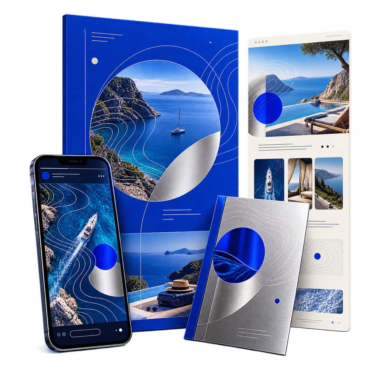 Illustrative multi-channel travel campaign system across print, mobile and web