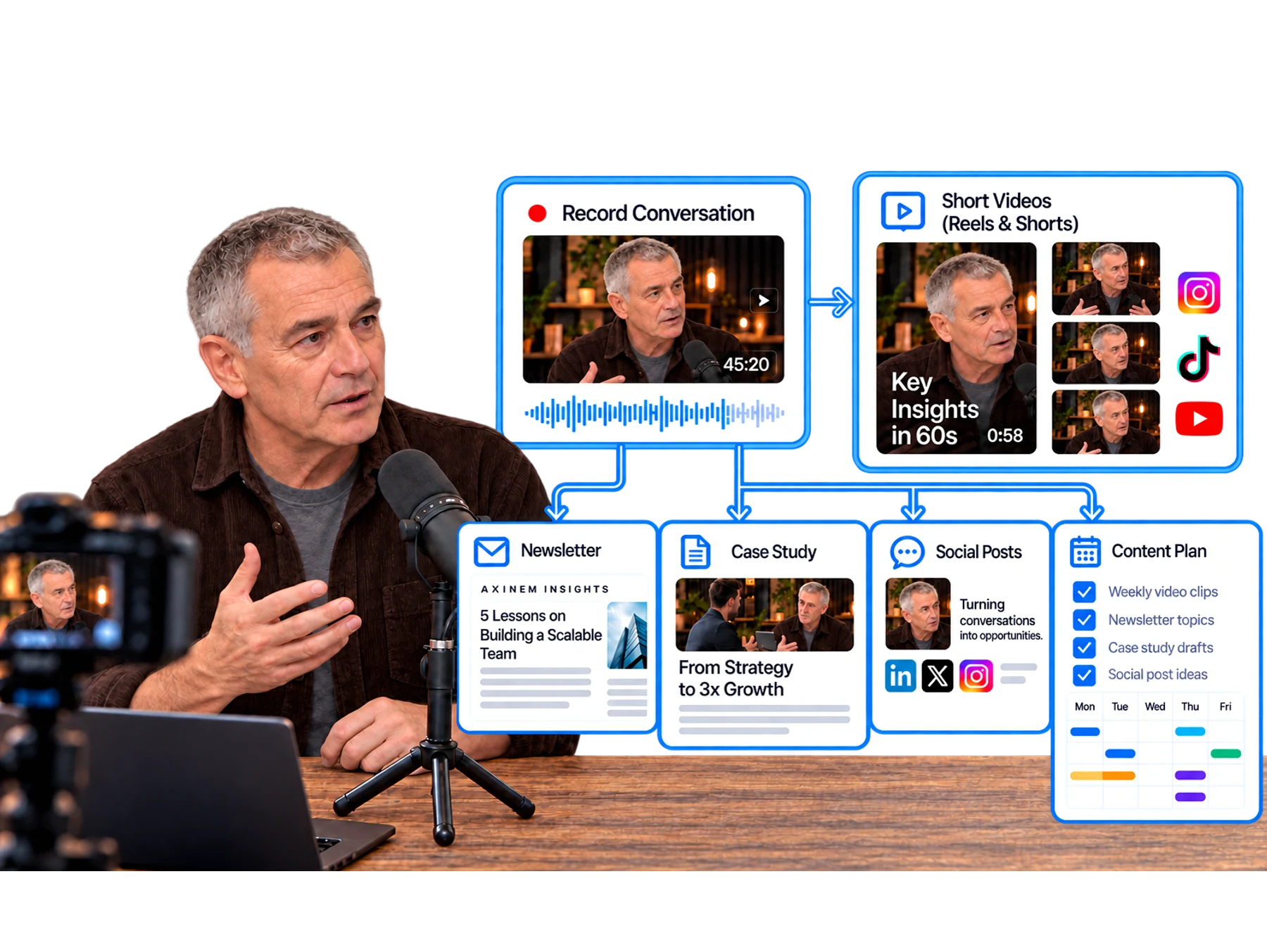 The same podcast host appears in recording and output cards for short videos, newsletters, case studies, social posts and a content plan.