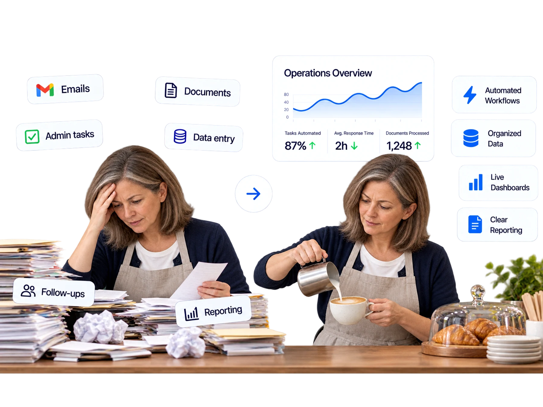 The same café owner moves from paperwork overload to serving customers while separate cards organise business operations.