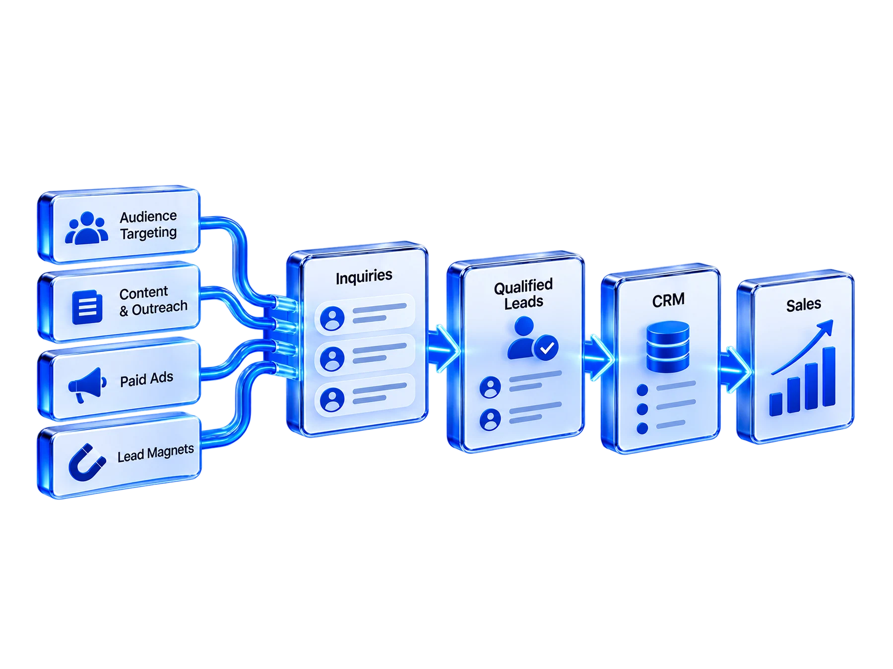 Audience targeting, content, paid campaigns and lead magnets feed enquiries, qualification, CRM intake and sales.