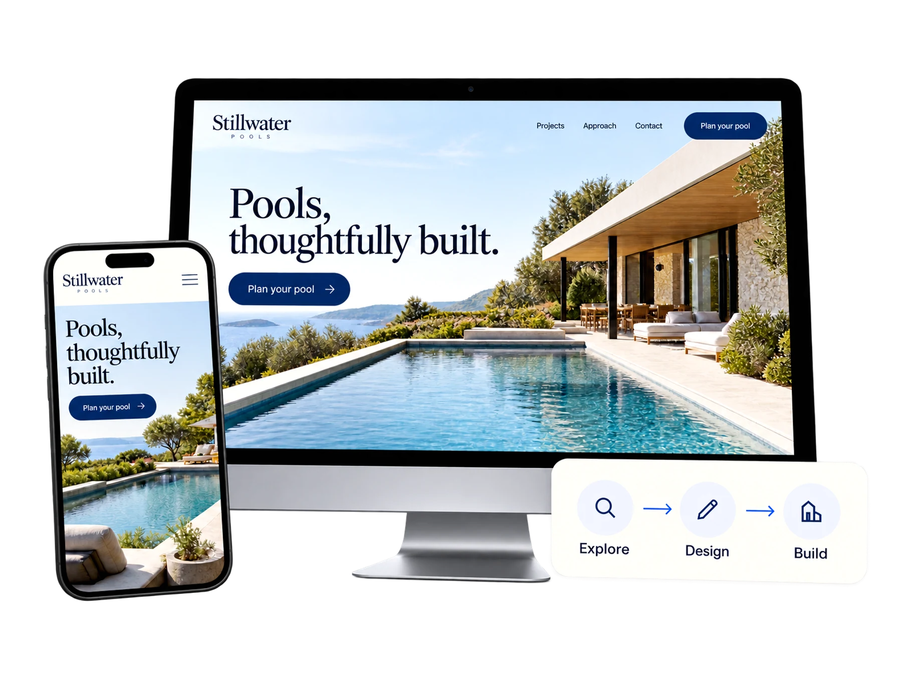 Coordinated desktop and mobile website mockups show a responsive business website.