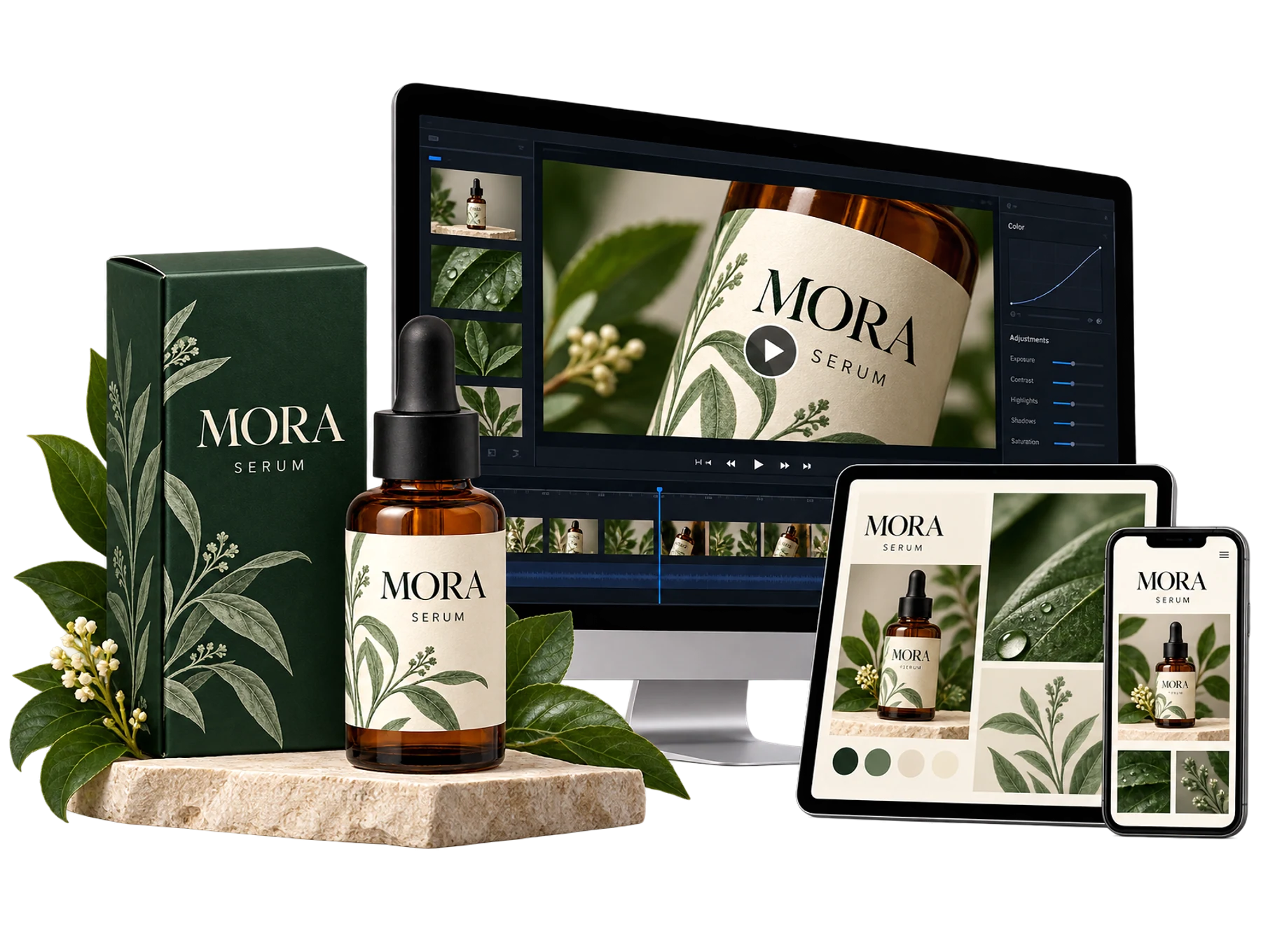 Herbal brand packaging and a desktop branding display show a consistent visual identity.