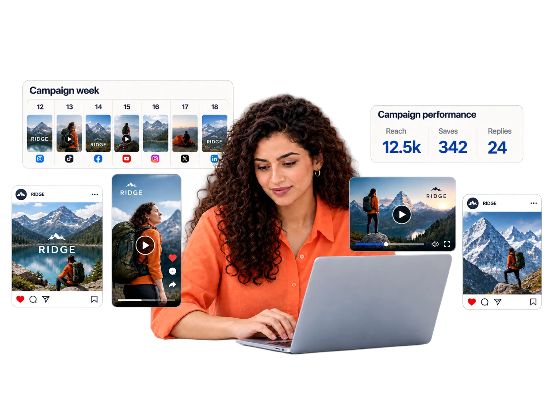 A content creator at a desk works with a coordinated multi-platform publishing layout.