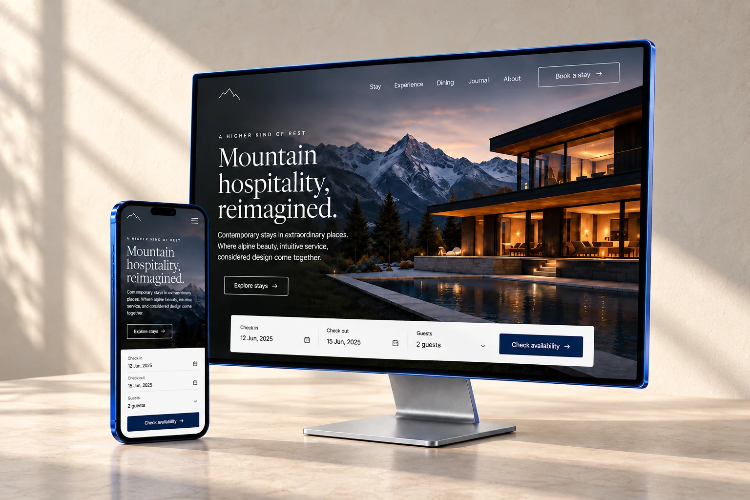 Hospitality website concept shown on a desktop display and phone.