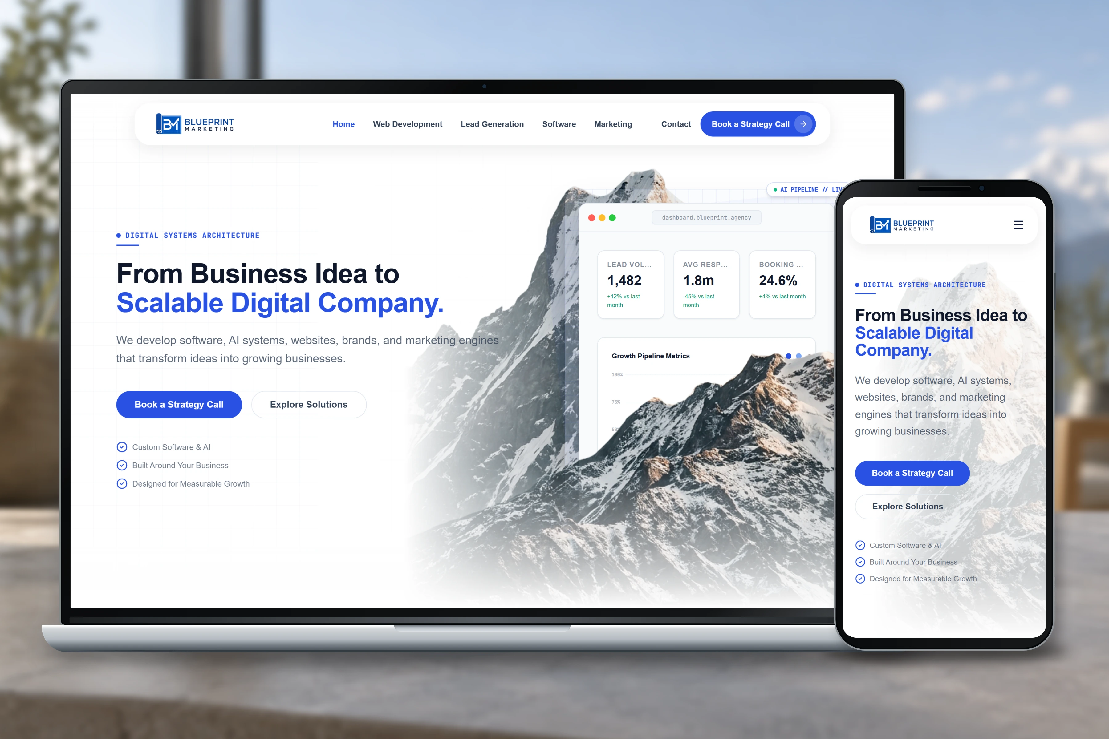 Blueprint Marketing homepage shown on a laptop and phone against a softly blurred mountain-facing workspace.