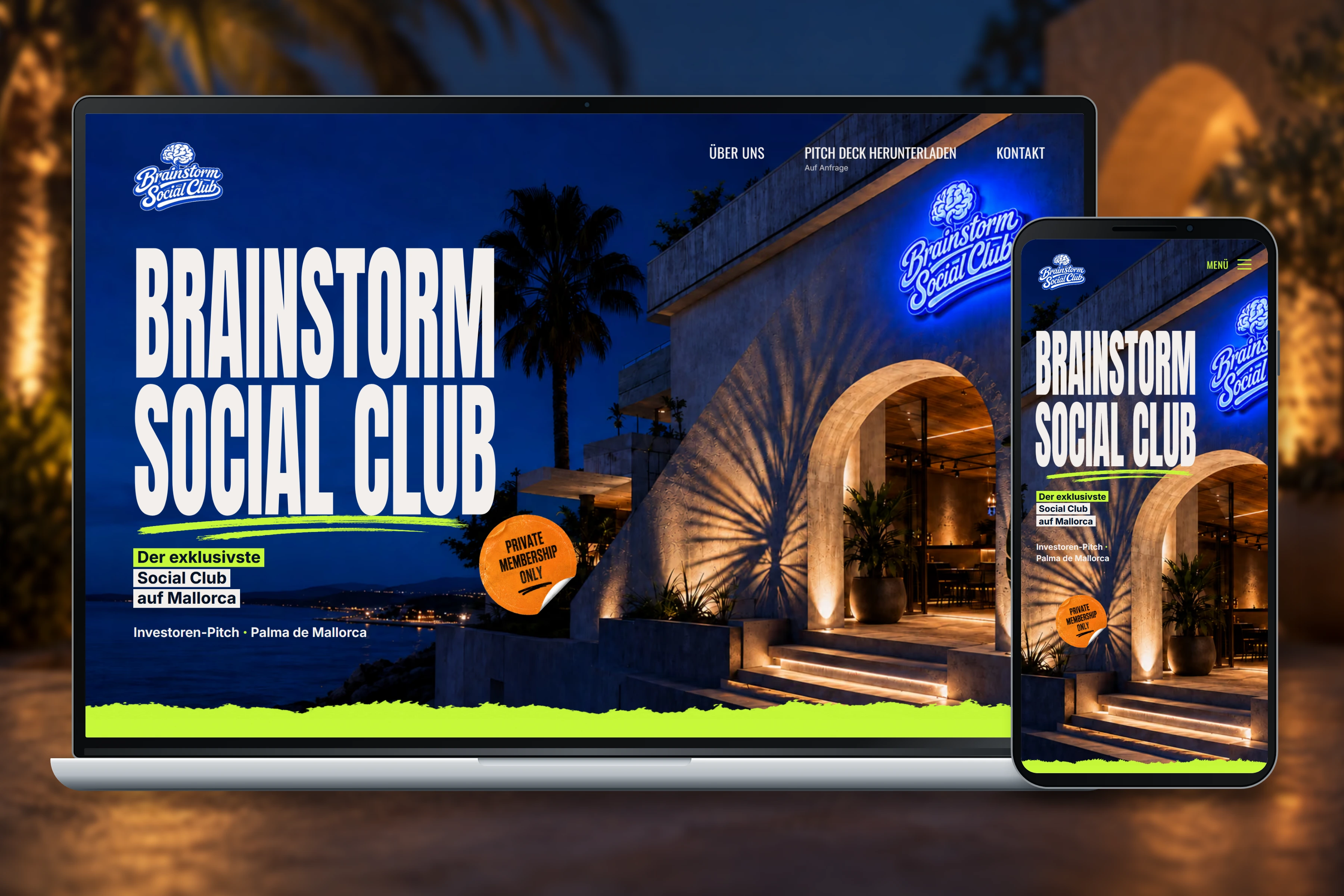 Brainstorm Social Club investor website shown on a laptop and phone against a blurred club interior.