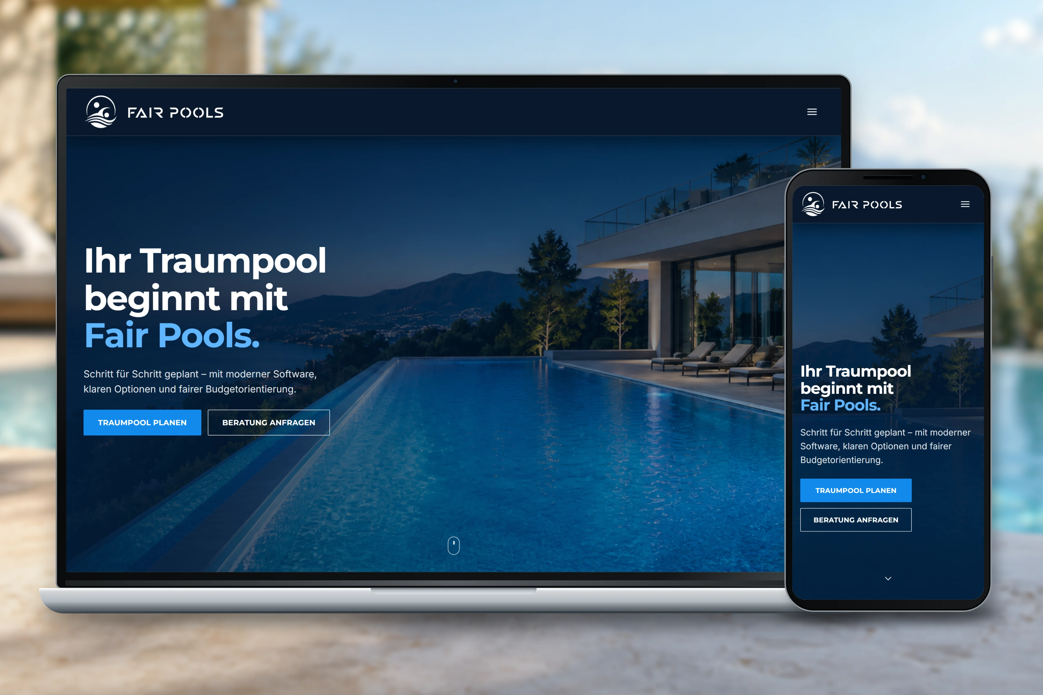 Fair Pools homepage and pool photography displayed on a laptop and phone against a blurred poolside background.