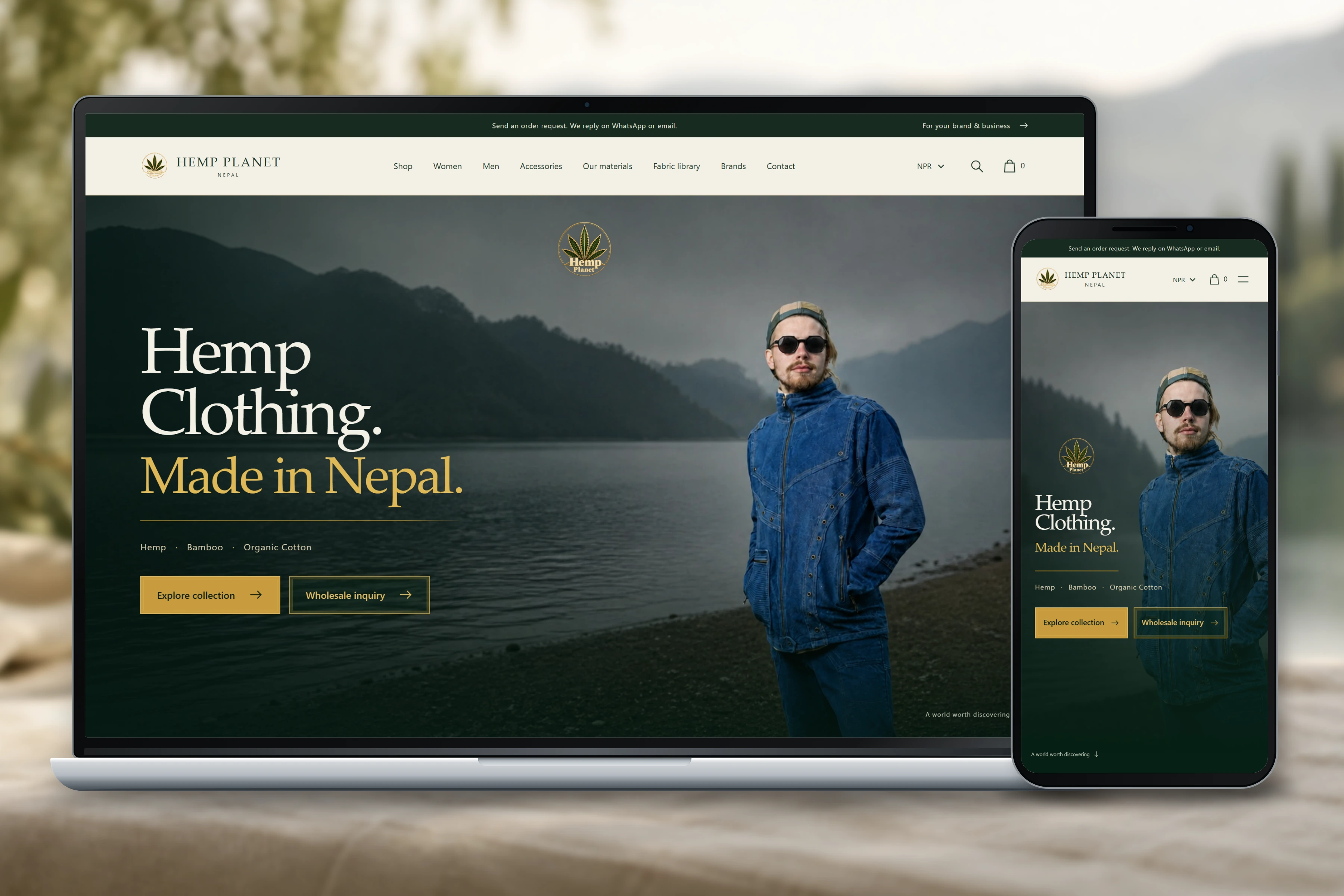 Hemp Planet clothing and textile website shown on a laptop and phone in a softly blurred natural setting.