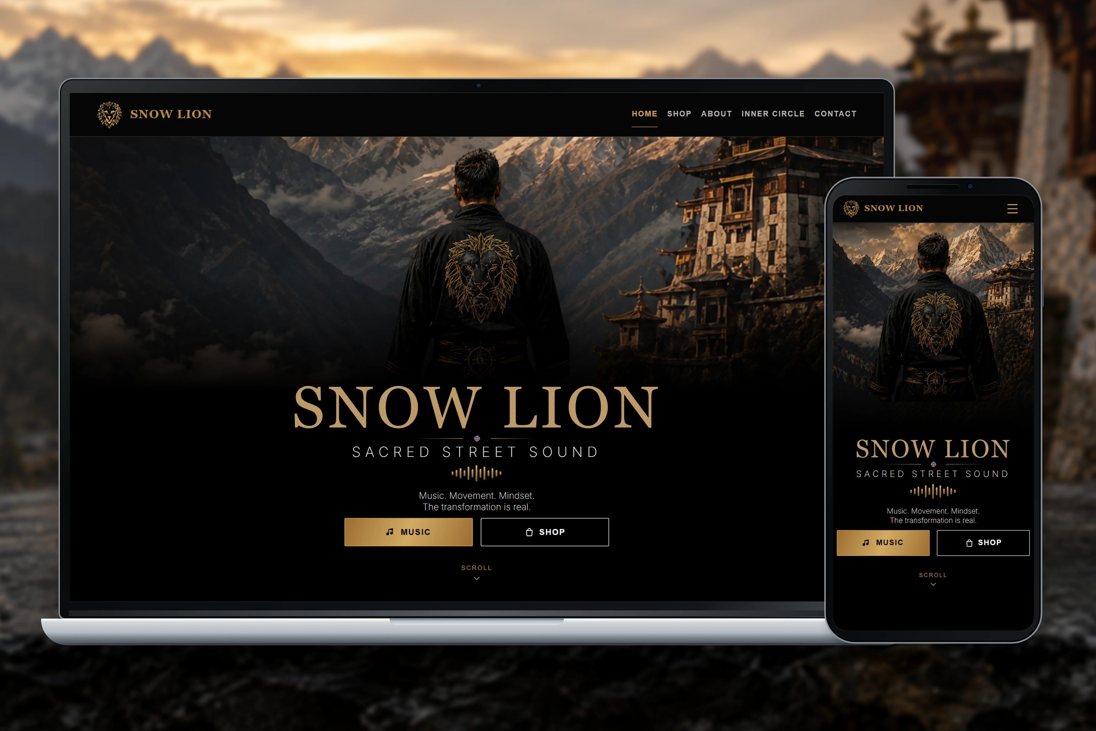 Snow Lion’s Himalayan homepage displayed on a laptop and phone against a softly blurred mountain and monastery terrace.