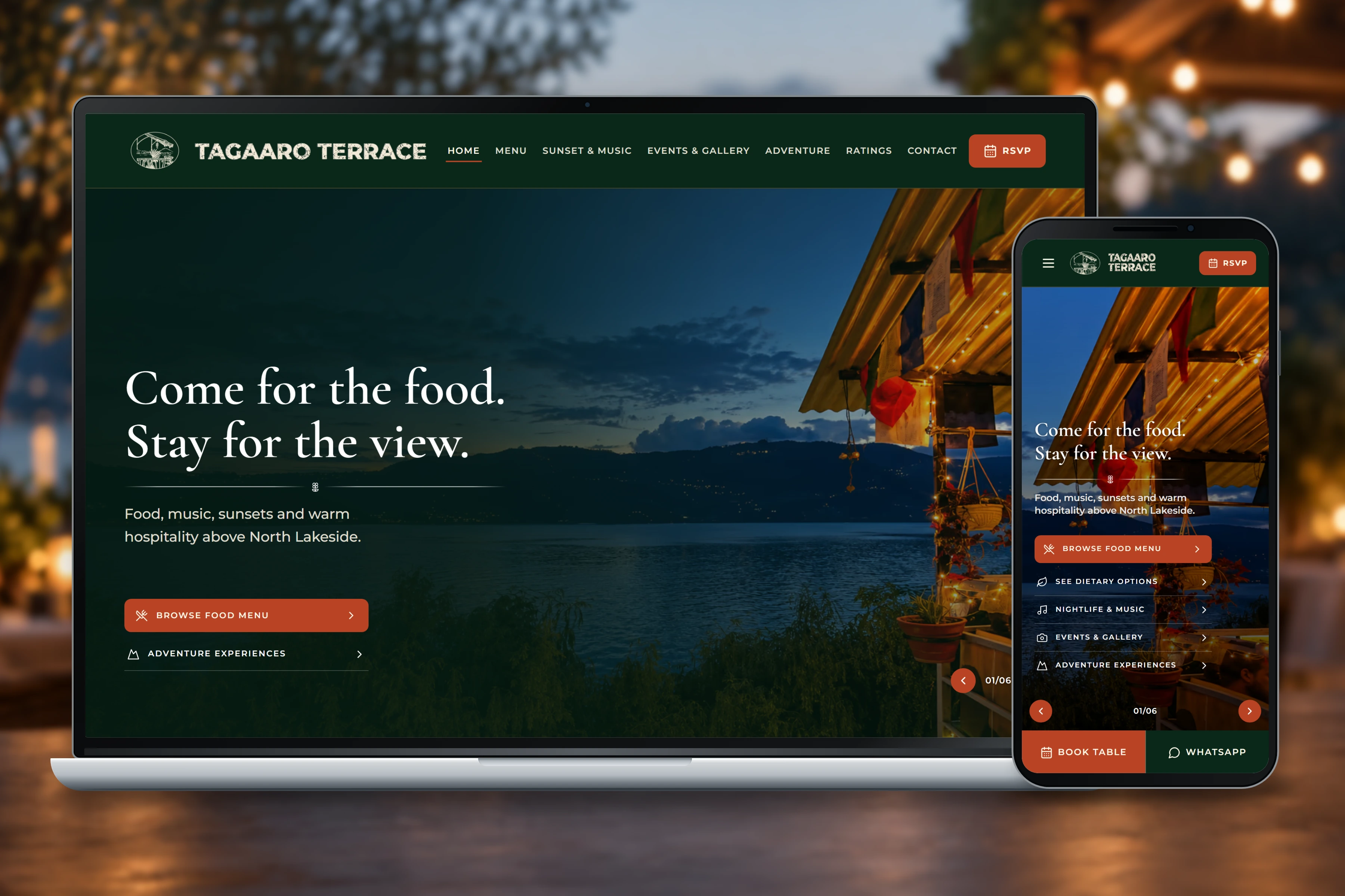 Tagaaro Terrace restaurant homepage displayed on a laptop and phone against a blurred terrace and sunset background.