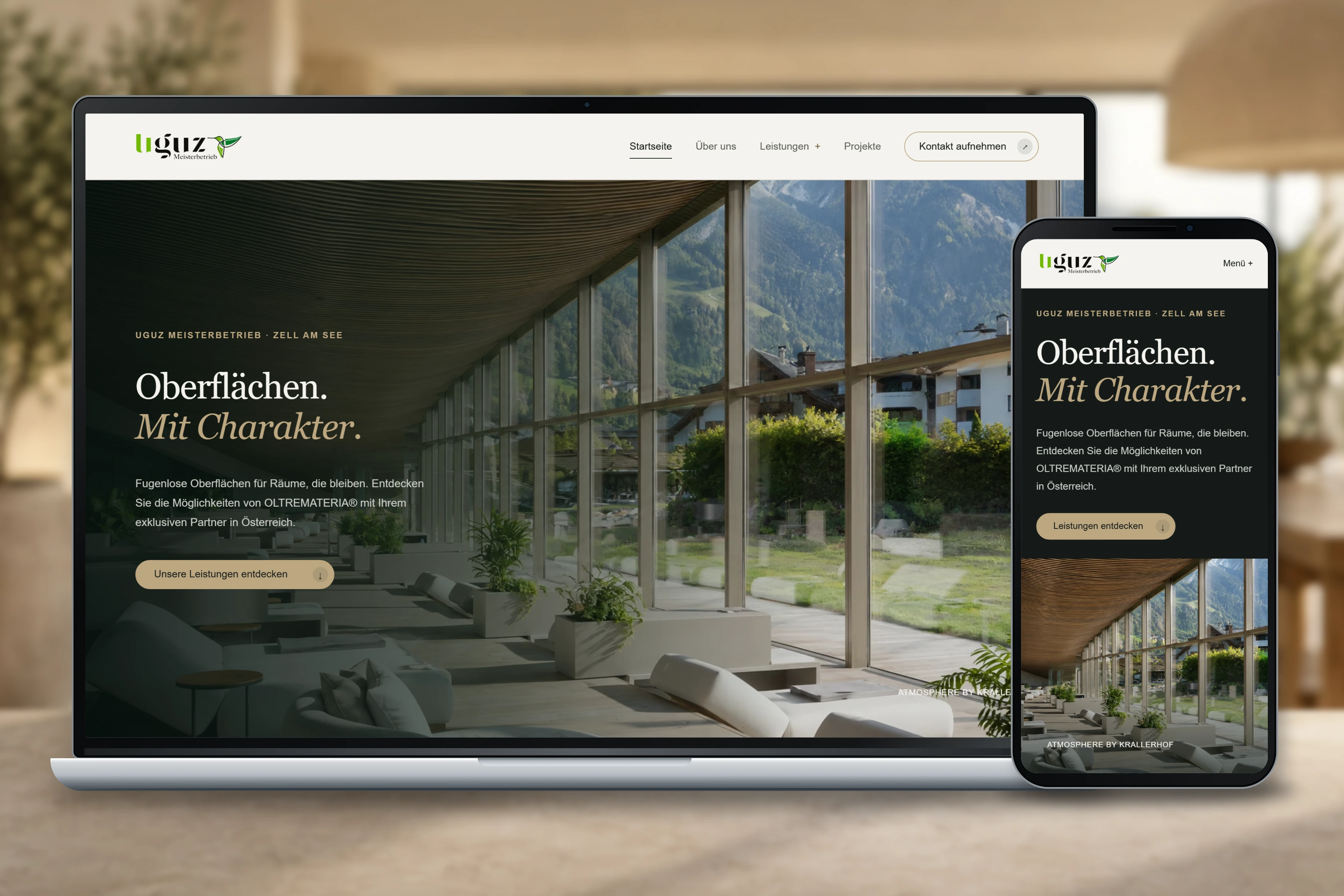 UGUZ Meisterbetrieb surface and interior website shown on a laptop and phone against a blurred architectural background.